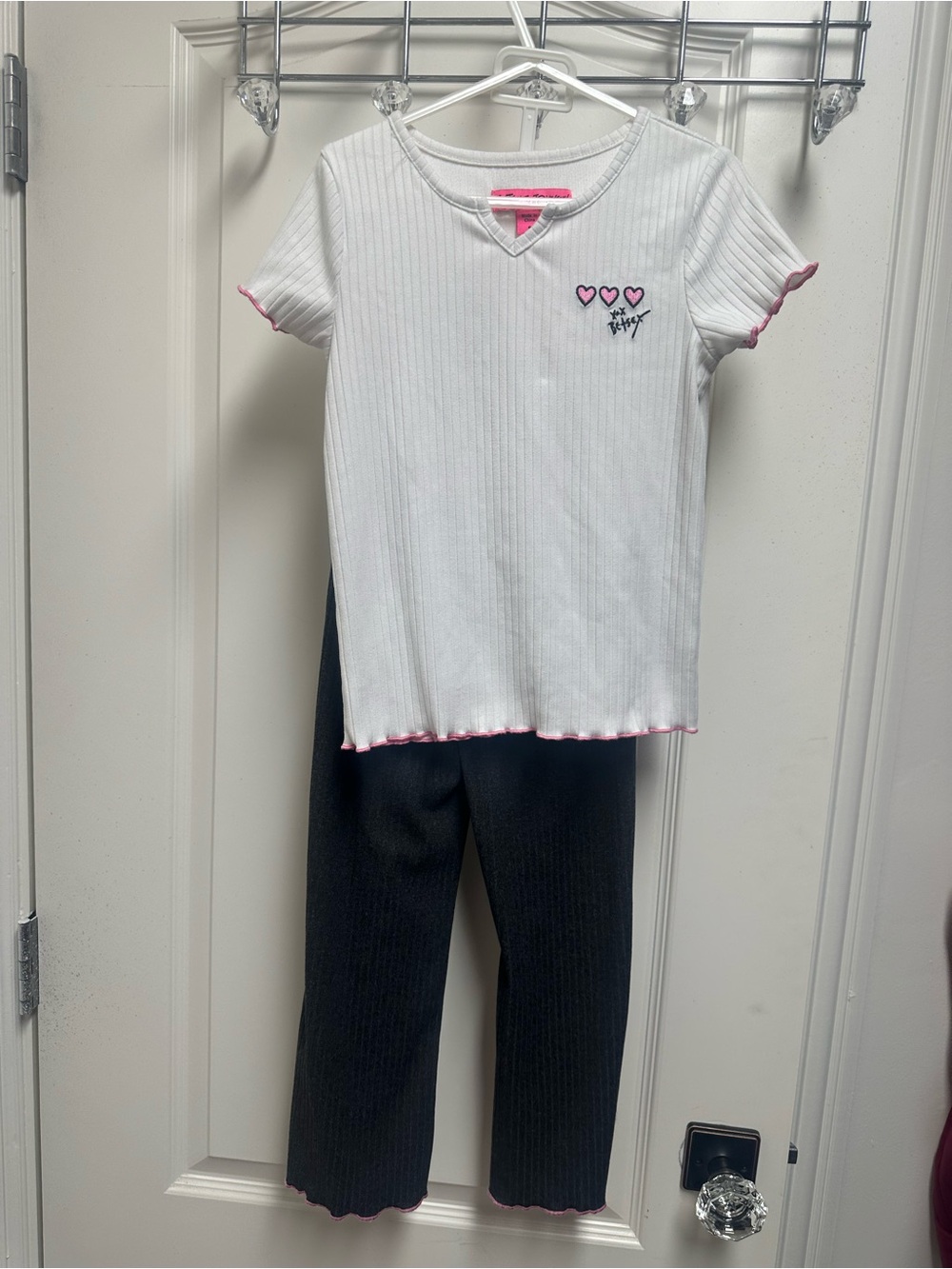 Betsey Johnson White Ribbed Lounge Set with Pink Trim and Black/Gray Pants